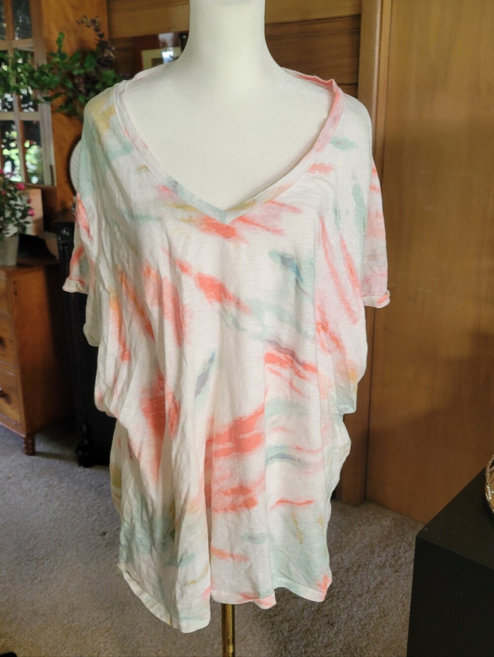 Sonoma Women’s White Tie-Dye V-Neck T-Shirt - Coral & Mint - 3X